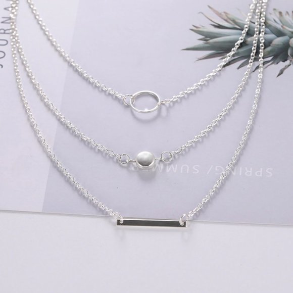 3 Piece Silver Layered Medallion, Long Bar, Hoop Choker Necklace - Geometric - Picture 3 of 8